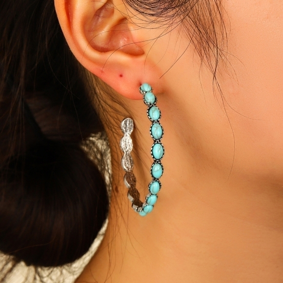 Artificial Turquoise Silver C-Hoop Stud Earrings Women Western Boho New OS - Picture 1 of 5